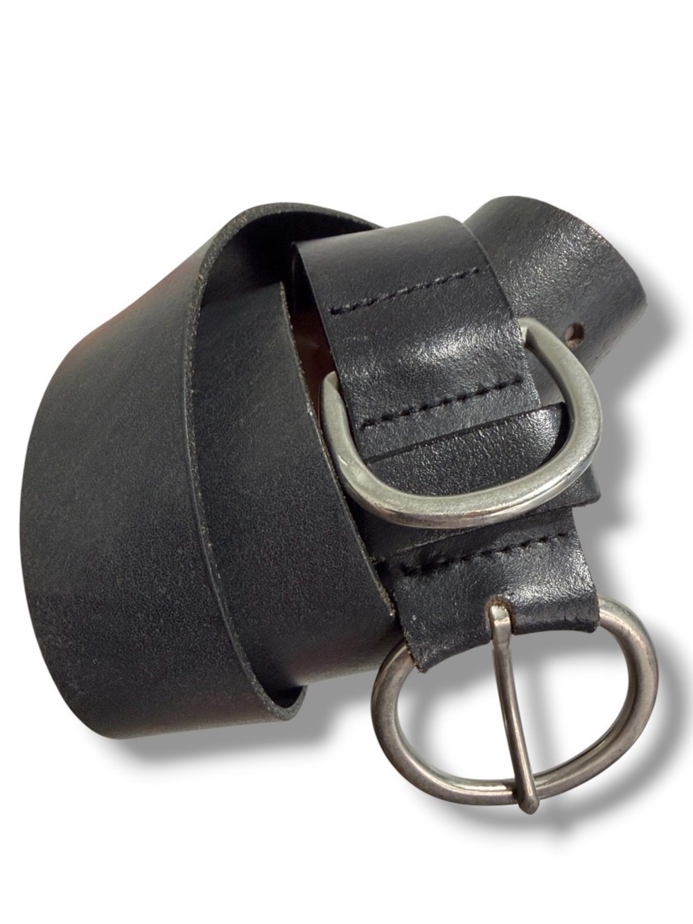 Genuine Italian Leather Belt Size L Black Sliver Tone Double Buckle Made in USA